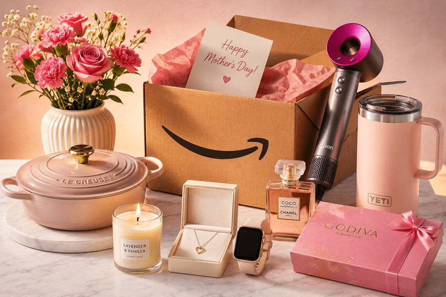 Mother's Day gift arrangement: pink flowers, a gift box with a Happy Mother's Day card, candle, jewelry box, perfume, and chocolate box.
