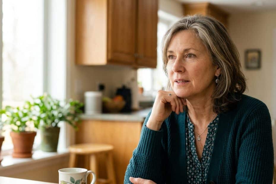 Middle-aged woman in a teal cardigan sits in a bright kitchen, chin resting on her hand, looking thoughtful.