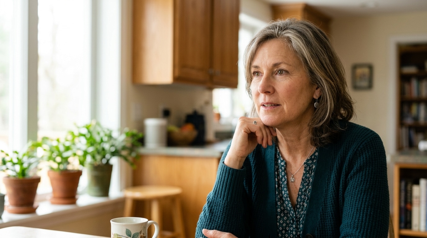 Middle-aged woman in a teal cardigan sits in a bright kitchen, chin resting on her hand, looking thoughtful.